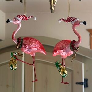 Katherine’s Collection Blown Glass Sparkly Holiday Ornaments Pink Flamingo Set